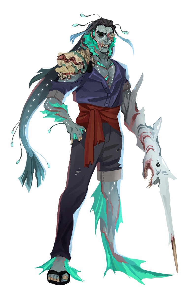 ok half of you probably don't know Nevaros (my #dnd triton oc) and i put him in a Monsterheart campaign that I DM as an NPC; 

he got cursed and now this is how he looks like waaaaaaaaaaaaaagh