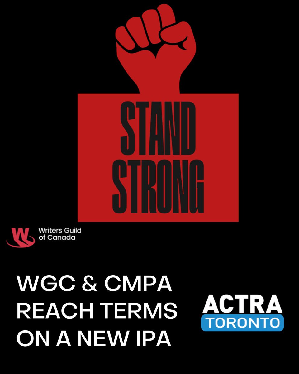Congratulations to the Writers Guild of Canada @WGCtweet (WGC) and the Canadian Media Producers Association @The_CMPA (CMPA) on reaching an agreement in principle on the terms for a new Independent Production Agreement. We stand with the WGC and all creative workers as we all…