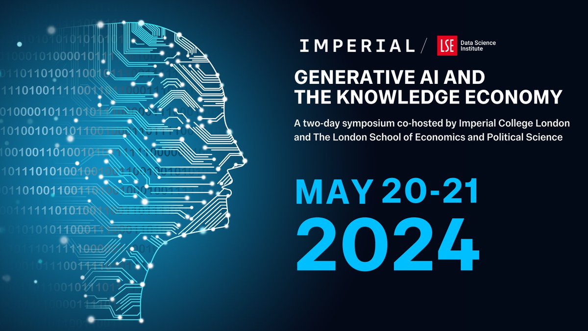 Registrations are OPEN for @LSEDataScience's 2-day Symposium on Generative #AI and the Knowledge Economy in partnership with @ImperialDSI. Come along from 20-21 May for insightful talks on AI's impact on research and education. lse.ac.uk/DSI/Events/202…
