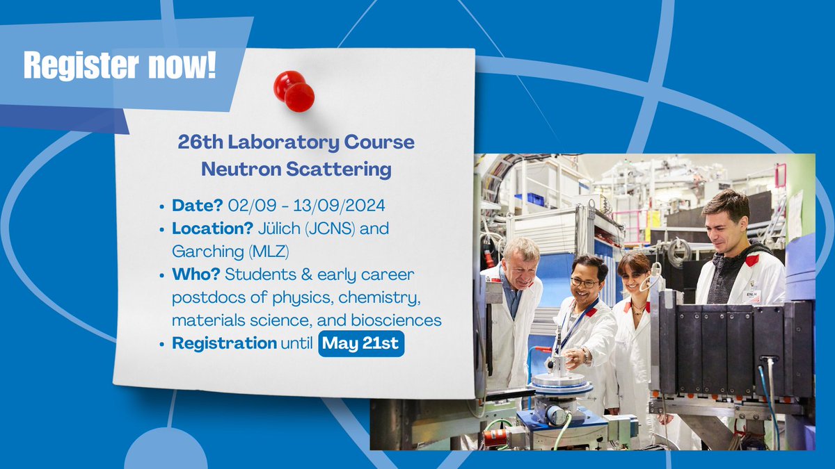 Register now for the 26th Laboratory Course Neutron Scattering! It will consist of lectures, exercises & practical training & aims to give a realistic insight into the experimental technique and its scientific power 👩‍🔬🧑‍🔬 -> mlz-garching.de/englisch/news-… @fz_juelich @RWTH #neutrons