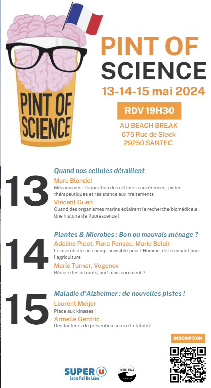 Pint of Science 2024 – venez partager une pinte de science les 13, 14 et 15 mai à Santec ! Retrouvez l'intervention d'Adeline Picot, Marie Belair et Flora Pensec sur le microbiote au champ: invisible pour l'homme, déterminant pour l'agriculture ! pintofscience.fr/events/roscoff. 2€