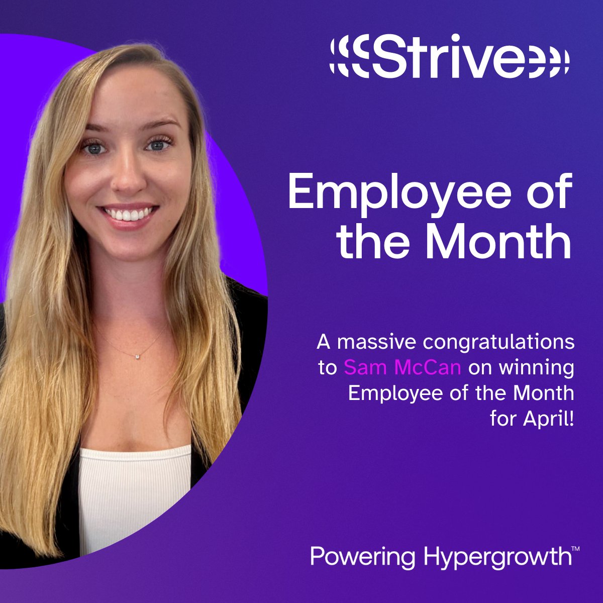 🔥 Employee of the Month! 🔥

A massive congratulations to Sam McCan, winner of Employee of the Month for April!

Only joining us in March, its fair to say that Sam has already made a huge impact in the business!

#scalewithstrive #employeefeedback #recognition