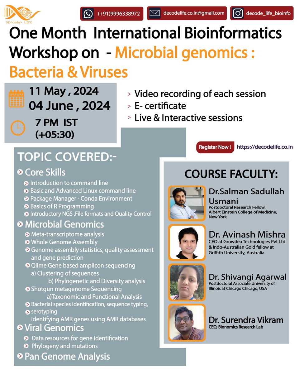 🚨From May 11, Saturday - One Month International #Workshop on - #MicrobialGenomics - #Bacteria & #Viruses - by Decode Life. helpbiotech.co.in/2024/05/decode… @LifeDecode