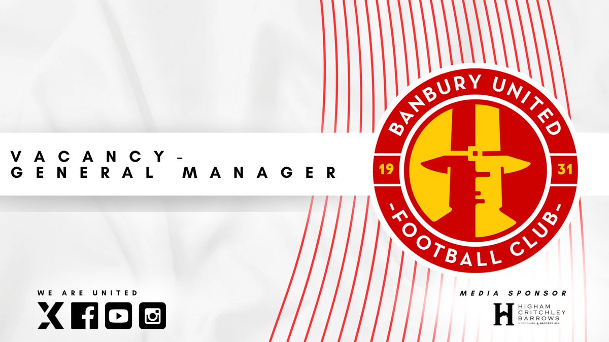 𝐍𝐞𝐰 𝐯𝐚𝐜𝐚𝐧𝐜𝐲 – 𝐆𝐞𝐧𝐞𝐫𝐚𝐥 𝐌𝐚𝐧𝐚𝐠𝐞𝐫 🔴🟡 Banbury United is inviting applications for a senior management role to run the operations of the Club. Click the link for the full job description, salary information and for details of how to apply. The closing date…