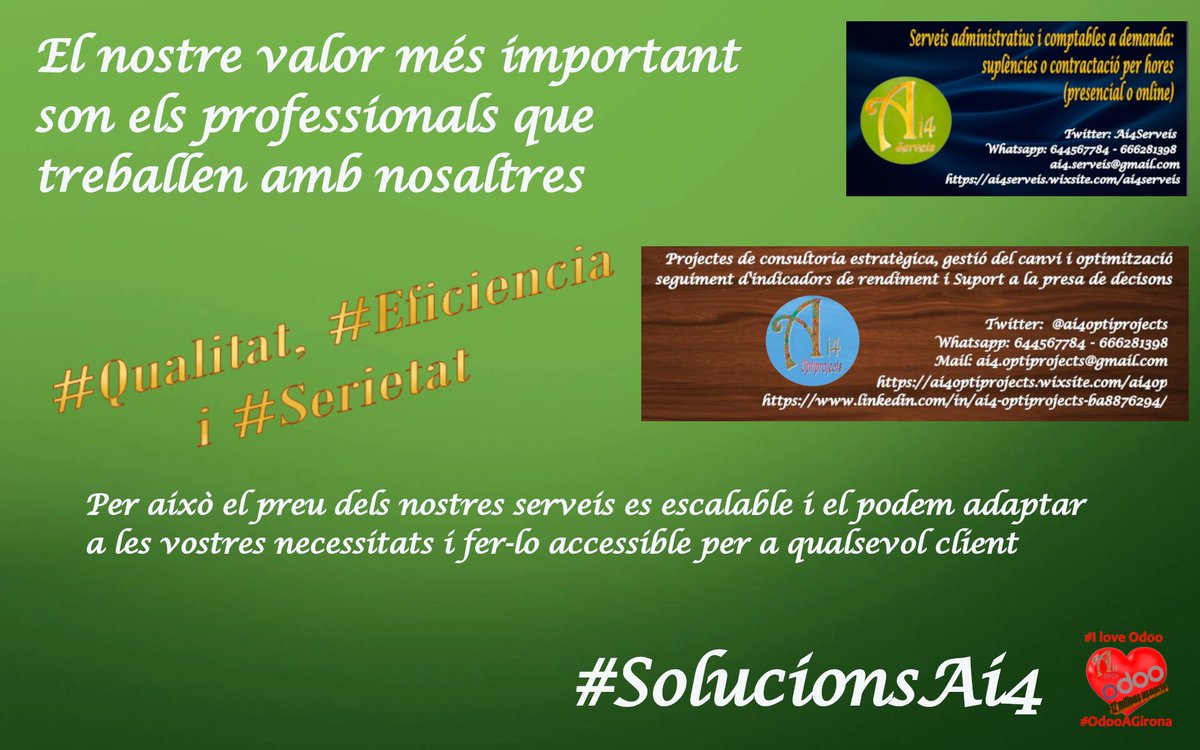 NO ens agrada fer-vos grans discursos, ni lliçons magistrals,

La nostra metodologia es la d'integrar-nos al vostre equip, i a partir d'aquí treballar la millora de procediments i sinergies per assolir la màxima eficiència.
#SolucionsAi4 #CompromísDeServei