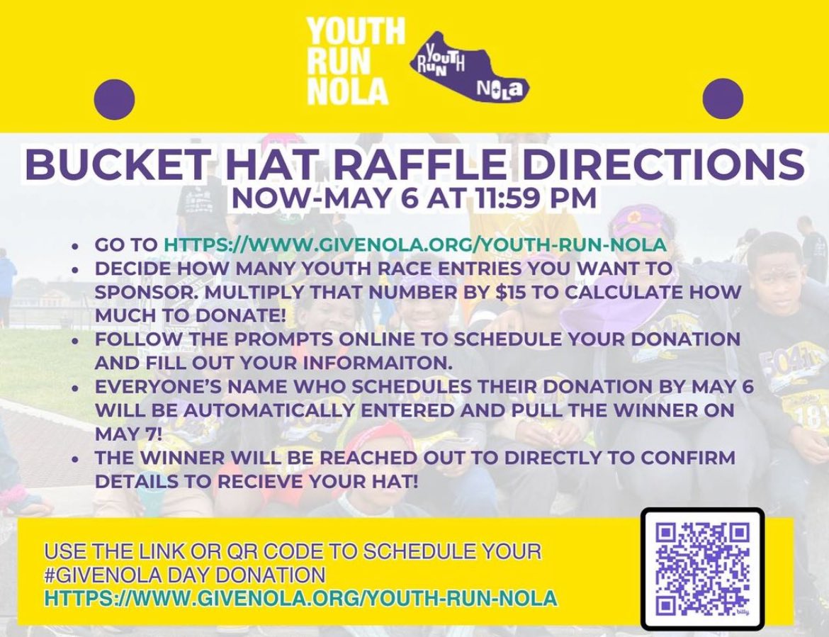 #GiveNolaDay Help Youth Run Nola meet its mark to give the kids free races all year. By donating you have an opportunity to win a bucket hat and other apparel. givenola.org/index.php?sect…