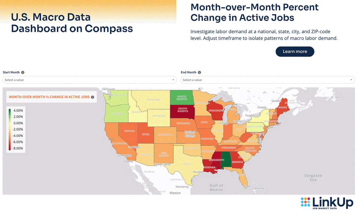 Are you looking for a way to visualize the shifts in the U.S. Job Market? LinkUp Compass puts the power of #datavisualization at your fingertips. Stay on top of the trends with our Compass U.S. Macro Dashboard. hubs.la/Q02wmMvx0 #businessintelligence #macroeconomics