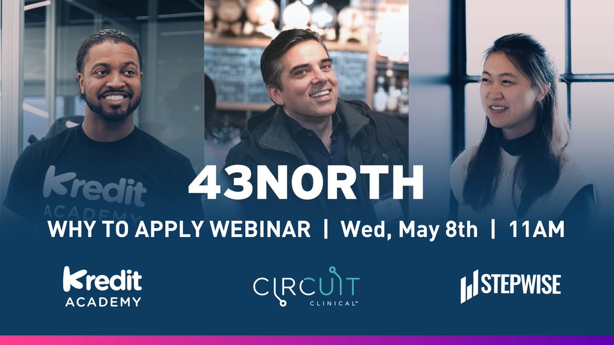 Our application is now open! If you have questions or simply want to connect with our team, mark your calendars for tomorrow's 'Why to Apply' Webinar. Join 43North’s Director of Selection, CJ Karrer, along with 43N alumni from @getstepwise (Y9), @kreditacademy (Y9), and…