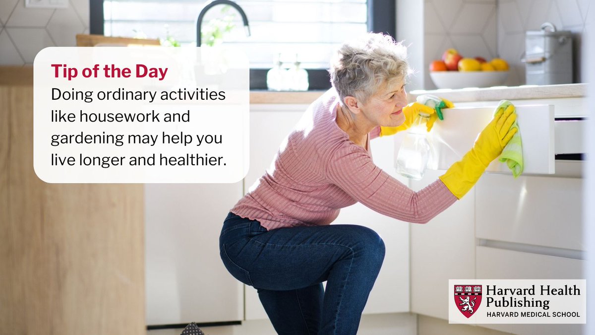 Ordinary activities improve health and longevity: Doing ordinary activities like housework and gardening may help you live longer and healthier. #HarvardHealth #TipoftheDay bit.ly/4b3A8eU