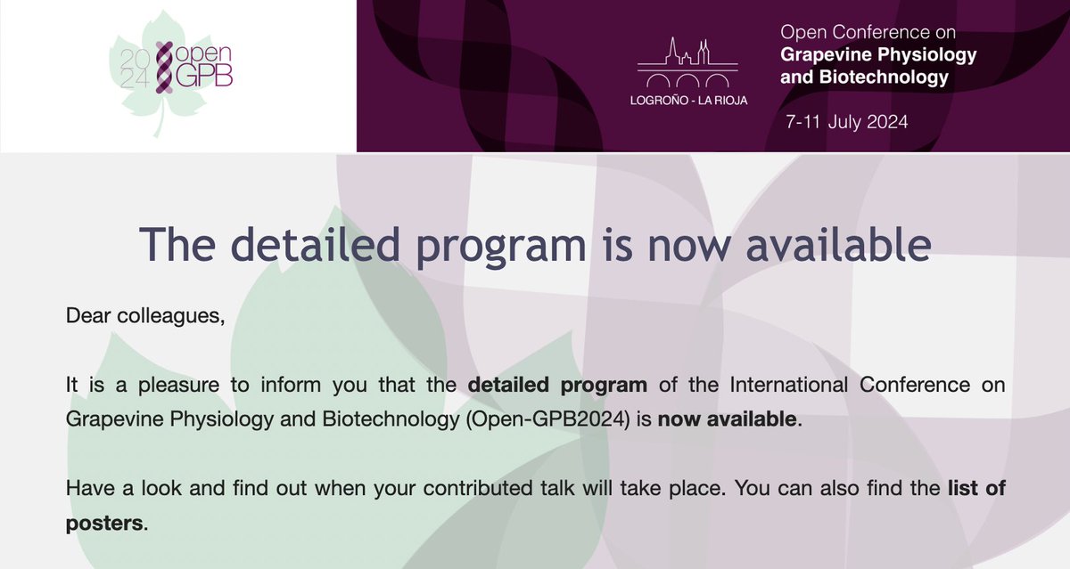 Open-GPB2024 Conference (@opengpb2024) on Twitter photo Good News! the program is available on the website 👉opengpb2024.com/index.php/prog… 🧬🧪🌱🍷🍇
<a href="/IVES_publisher/">International Viticulture and Enology Society</a> <a href="/icvv_rioja/">Instituto de Ciencias de la Vid y del Vino (ICVV)</a> <a href="/unirioja/">Universidad de La Rioja</a> <a href="/lariojaorg/">Gobierno de La Rioja</a> <a href="/CSIC/">CSIC</a> Good News! the program is available on the website 👉opengpb2024.com/index.php/prog… 🧬🧪🌱🍷🍇
<a href="/IVES_publisher/">International Viticulture and Enology Society</a> <a href="/icvv_rioja/">Instituto de Ciencias de la Vid y del Vino (ICVV)</a> <a href="/unirioja/">Universidad de La Rioja</a> <a href="/lariojaorg/">Gobierno de La Rioja</a> <a href="/CSIC/">CSIC</a>