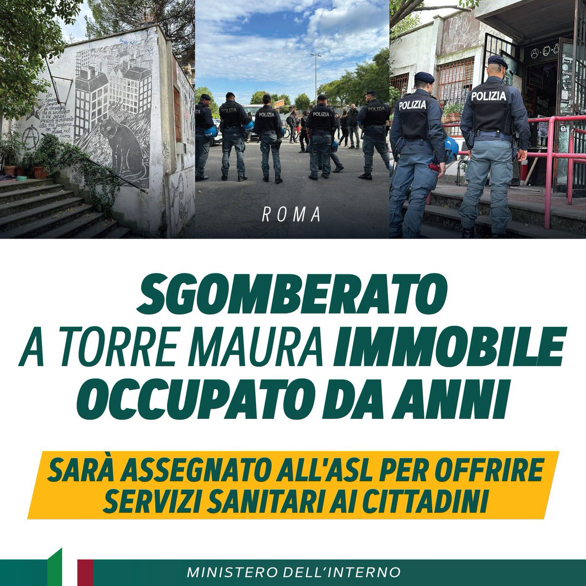 Sgomberato dalla @poliziadistato a Torre Maura, nella Capitale, un immobile occupato abusivamente dal 1991. Lo stabile, di proprietà del Comune, verrà assegnato all’ASL Roma 2 per offrire servizi sanitari ai cittadini.