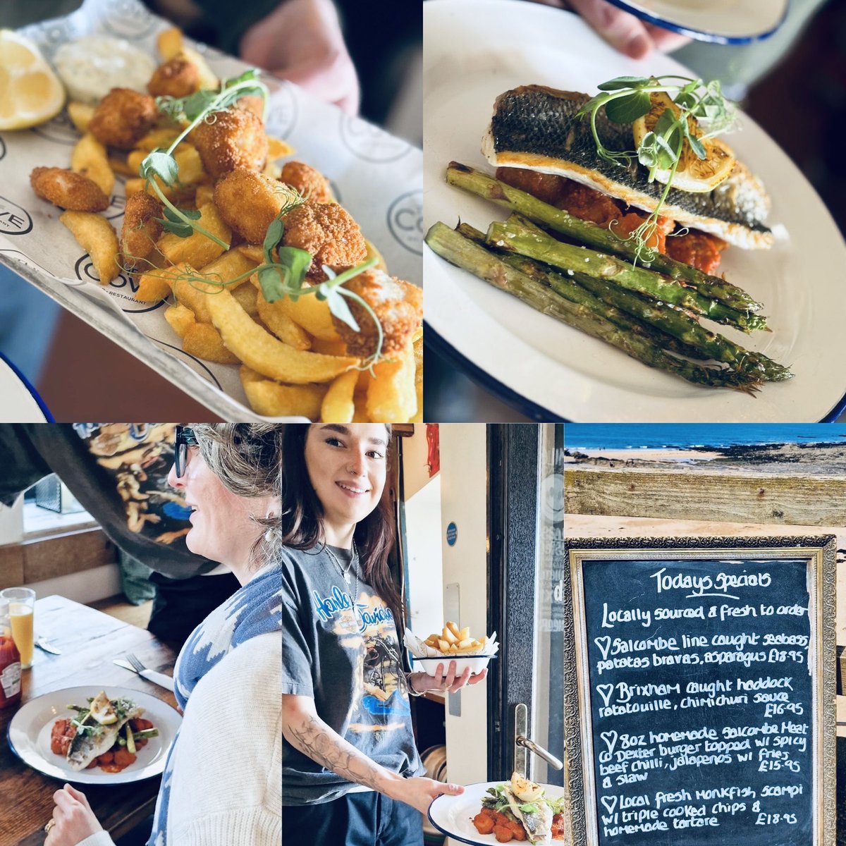 ☀️Sunshine Specials Today!☀️ Our Daily Special of Salcombe line caught seabass with patatas bravas and fresh asparagus is going down well on this beautiful sunny day in Hope Cove... 🐟🪝🏝 🌟Devon Crab Linguine, with chilli, garlic and white wine cream! 🦀 🥂 (Monkfish sold out).
