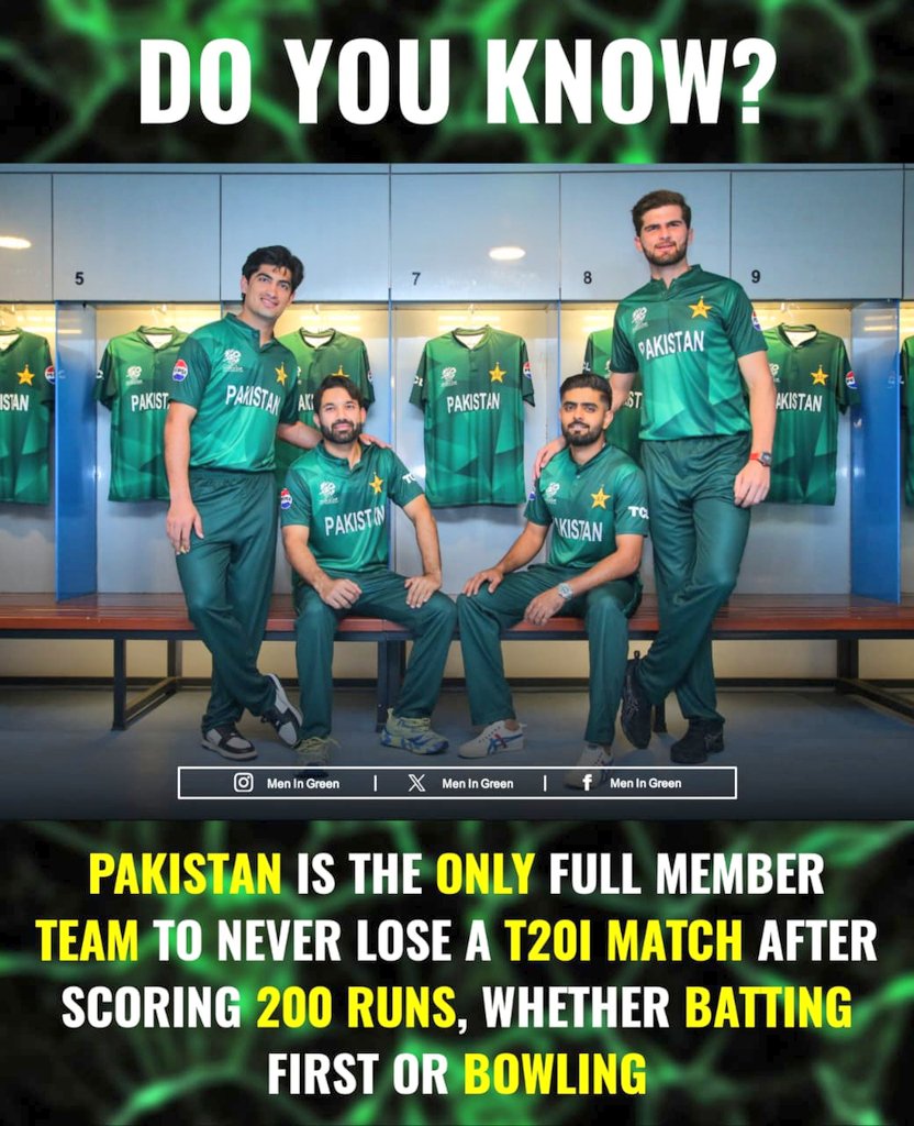 Pakistan Never Lost a  
 T20 match after scoring 200 runs, whether batting first or bowling.
#T20WorldCup #PakistanCricket