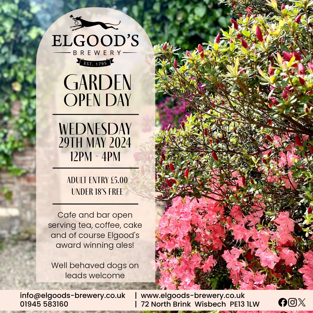 Join us for a Garden Open Day at Elgood's Brewery on Wednesday, 29th May! Unwind with a refreshing pint of Elgood's award winning ales in our Bramling Bar! Adult entry £5.00, under 18's Free. It's the perfect midweek retreat! See you there! #gardenopenday #elgoodsbrewery