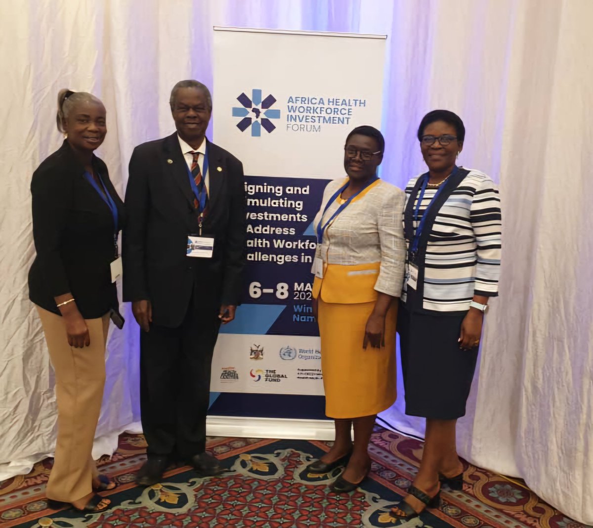 The African Forum for Research and Education reperesented at a meeting in Nambia on HWF Investment,@FrancisOmaswa ,@ Abigail Kazembe past President & @afrehealthorg current president, E Kiguli-Malwadde. AFREhealth can implement some of the ideas like CBE.