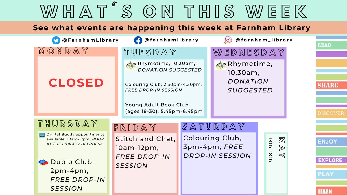 Next week: Monday: CLOSED Tuesday: 10.30am: Rhymetime 2.30pm-4.30pm: Colouring Club 5.45pm-6.45pm: YA Book Club (ages 18-30) Wednesday: 10.30am: Rhymetime Thursday: 2pm-4pm: Duplo Club Friday: 10am-12pm: Stitch & Chat Saturday: 3pm-4pm: Colouring Club @SurreyLibraries