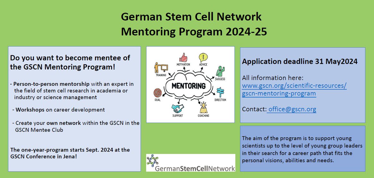 Interested in #career #mentoring in #stemcell #research? Apply for a one-year mentoring program of the GSCN! Support from experts, workshops, and being part of the GSCN Mentee Club. Application deadline is 31 May. @dkfz @ChariteBerlin @MDC_Berlin @berlinnovation @HelmholtzMunich