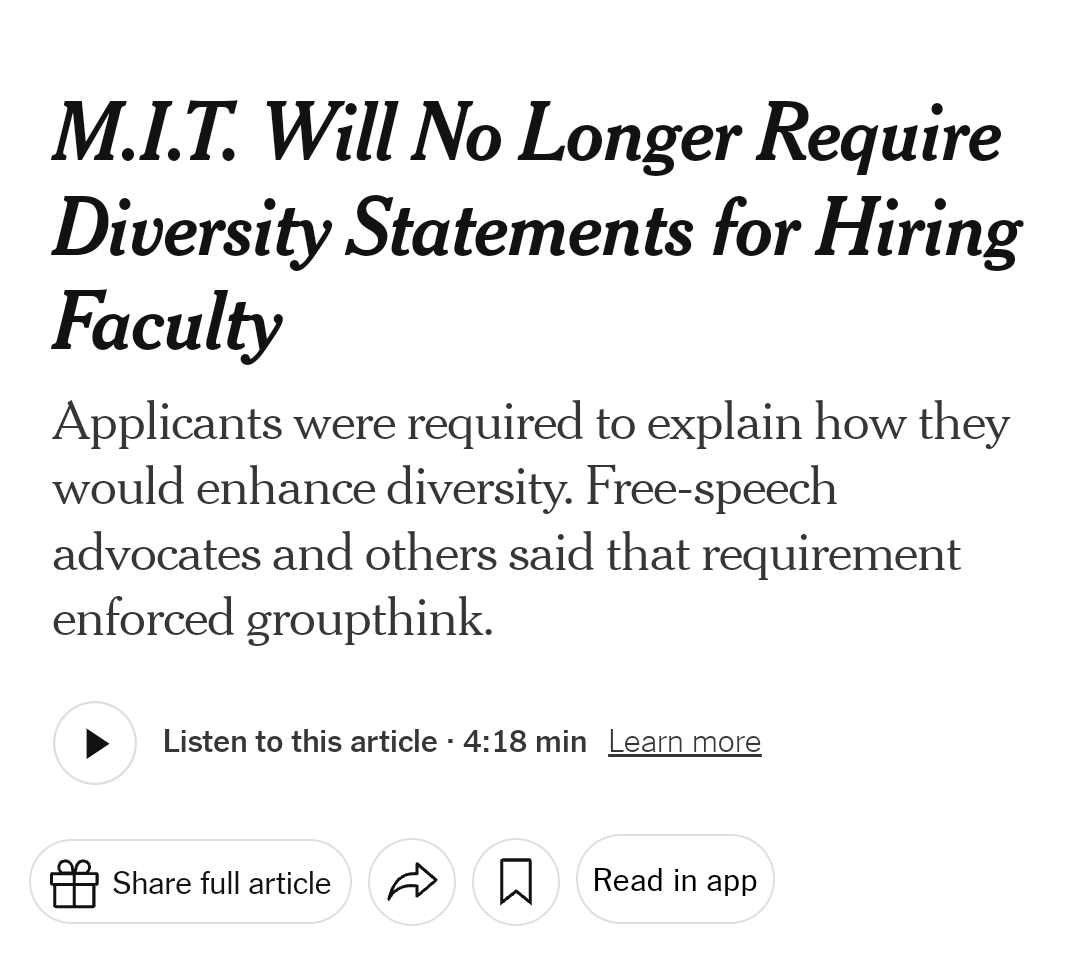 🇺🇸 No more Diversity Statements for faculty hiring at @MIT. nytimes.com/2024/05/06/us/… via @nytimes (Interesting to me how 'we' pick and choose where and how 'free speech' can be exercised, and by who.)