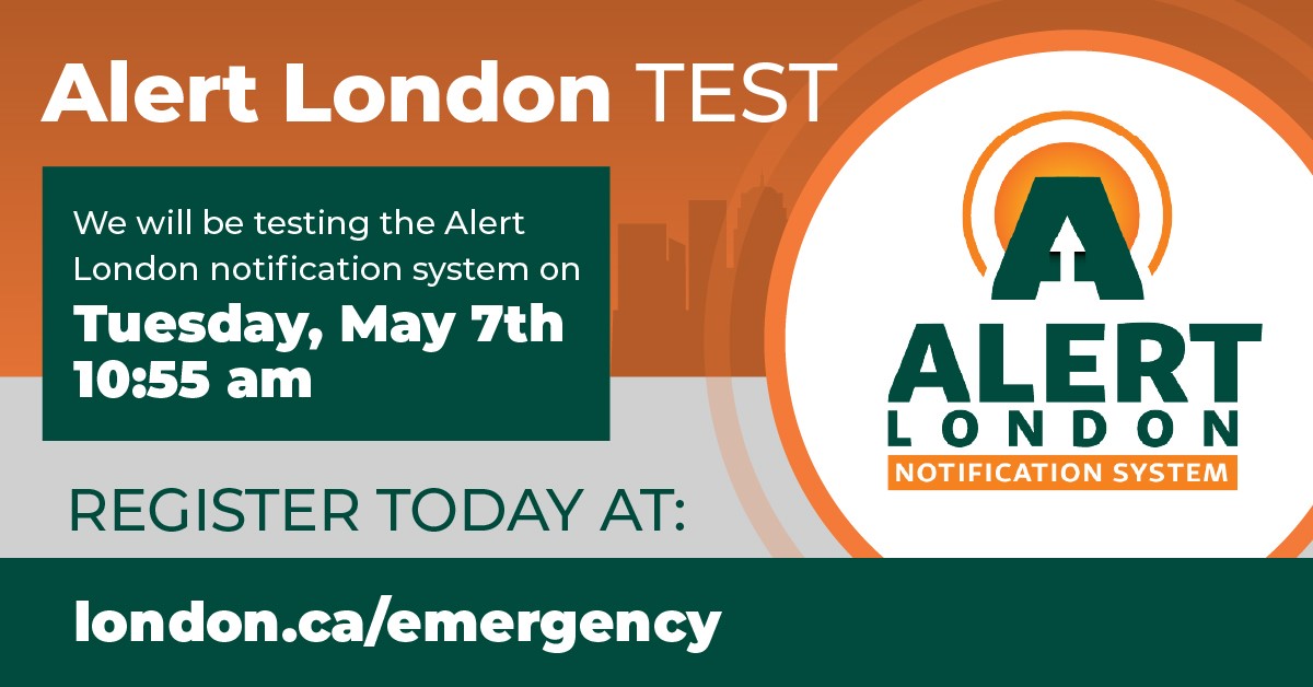 🚨 This is a reminder that we are testing our Alert London notification system this morning at 10:55 a.m. Please note that it can take up to one week after registering to be added to the system. Learn more: london.ca/emergency