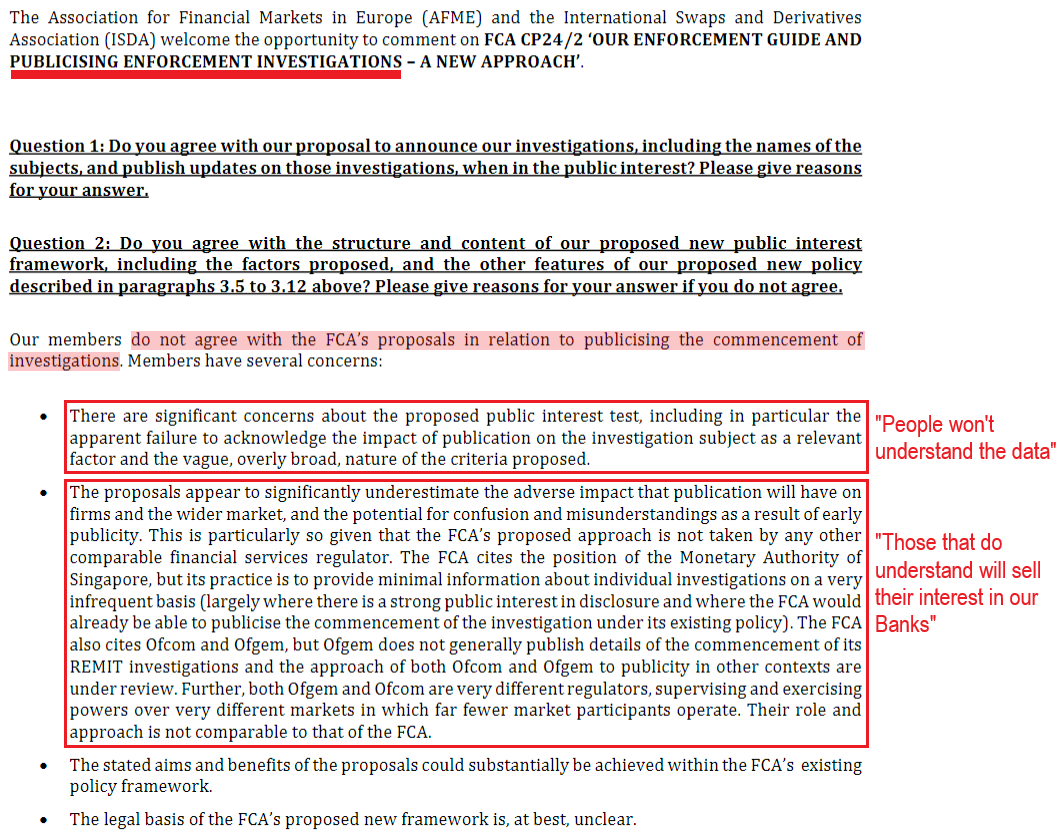 ISDA has issued a response to the FCA's new proposal - in which future Enforcement Actions would be made public. Unsurprisingly, the Big Bank proponents do not approve.