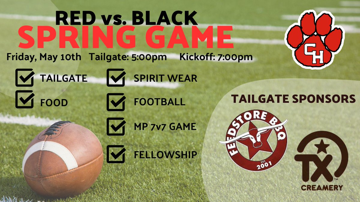 Come join us this Friday at MP Stadium for our Red vs. Black Spring Football game. Going to be an exciting night for Panther Nation. Lots of events planned starting at 5:00pm. Kickoff: 7:00pm Thanks to our sponsors: Feed Store BBQ and TX Creamery!!!