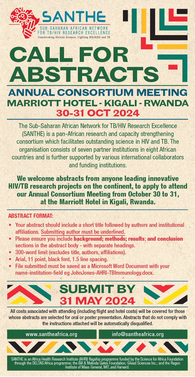 Want to attend our #SANTHE annual meeting in Kigali? Submit your abstract by the end of May to: info@santheafrica.org
@SciforAfrica @gatesfoundation @GileadSciences @ragoninstitute @AHRI_News @BotswanaHarvard
@KEMRI_Wellcome @EmoryRZHRG #DELTASafricaII #EmpoweringAfricanScience