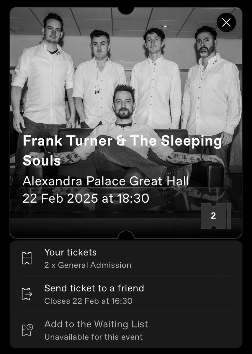That was the quickest and smoothest ticket buying experience ever ?? Thank you @dicefm !! Excited to have a dance along to @frankturner & the @SleepingSouls at the 3000th show !! 💃🖤