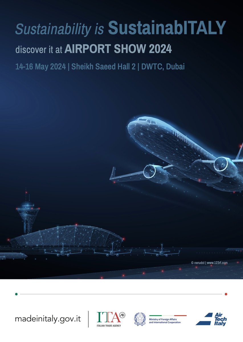 One week until we take off for the Dubai #AirportShow 2024! Get ready to explore cutting-edge Italian airport innovations at the Italy Pavilion, featuring the best of 'Made in Italy' in Sheikh Saeed Hall 2, from May 14-16, 2024, DWTC, Dubai 🛫