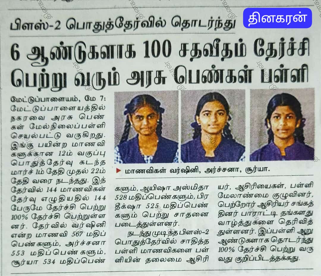 Mettupalayam Government Girls higher secondary School is setting an example!

It has secured 100% in class 12th for 6 consecutive years.
