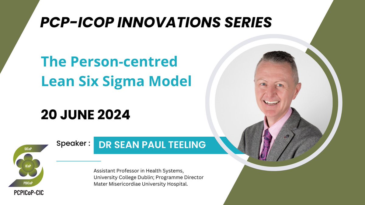 Join us 20th June for the PCP-ICOP Innovation webinars. Our second session focuses on: 'The Person-centred Lean Six Sigma Model' with @DrSeanPTeeling. Join via Zoom (invites issued to @PCP_ICoP members). ⭐️09:00 GMT ⭐️10:00 CET ⭐️19:00 AEDT