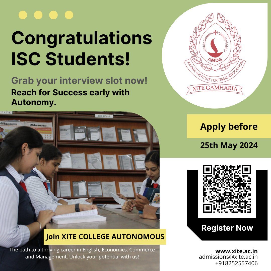 Congratulations to all ISC students!
Your future is bright and promising! Don’t miss your chance to be part of a unique learning experience at #XITECollege Autonomous. Secure your interview slot today before admissions close!
Experience the Power of Autonomy.
#ISC24 #XITE #Result