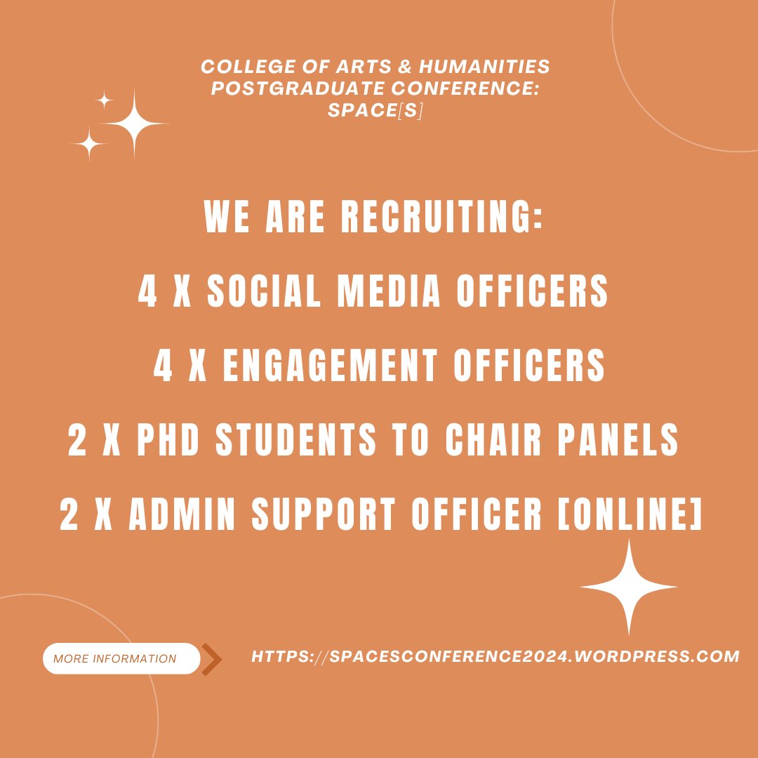 📢 Volunteers Needed for Space[s] Conference 2024! 🤗Join us and gain invaluable experiences in the following roles: 4 Social Media Officers 4 Engagement Officers 2 PhD Students to Chair panels 2 Admin Support [Online] 📅 Deadline: May 20 📨Apply here: docs.google.com/forms/d/e/1FAI…
