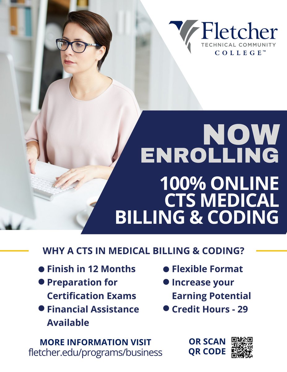 Start your career with a 100% online Certificate of Technical Studies (CTS) in Medical Billing & Coding. Financial aid available. For more information, visit: fletcher.edu/programs/busin…