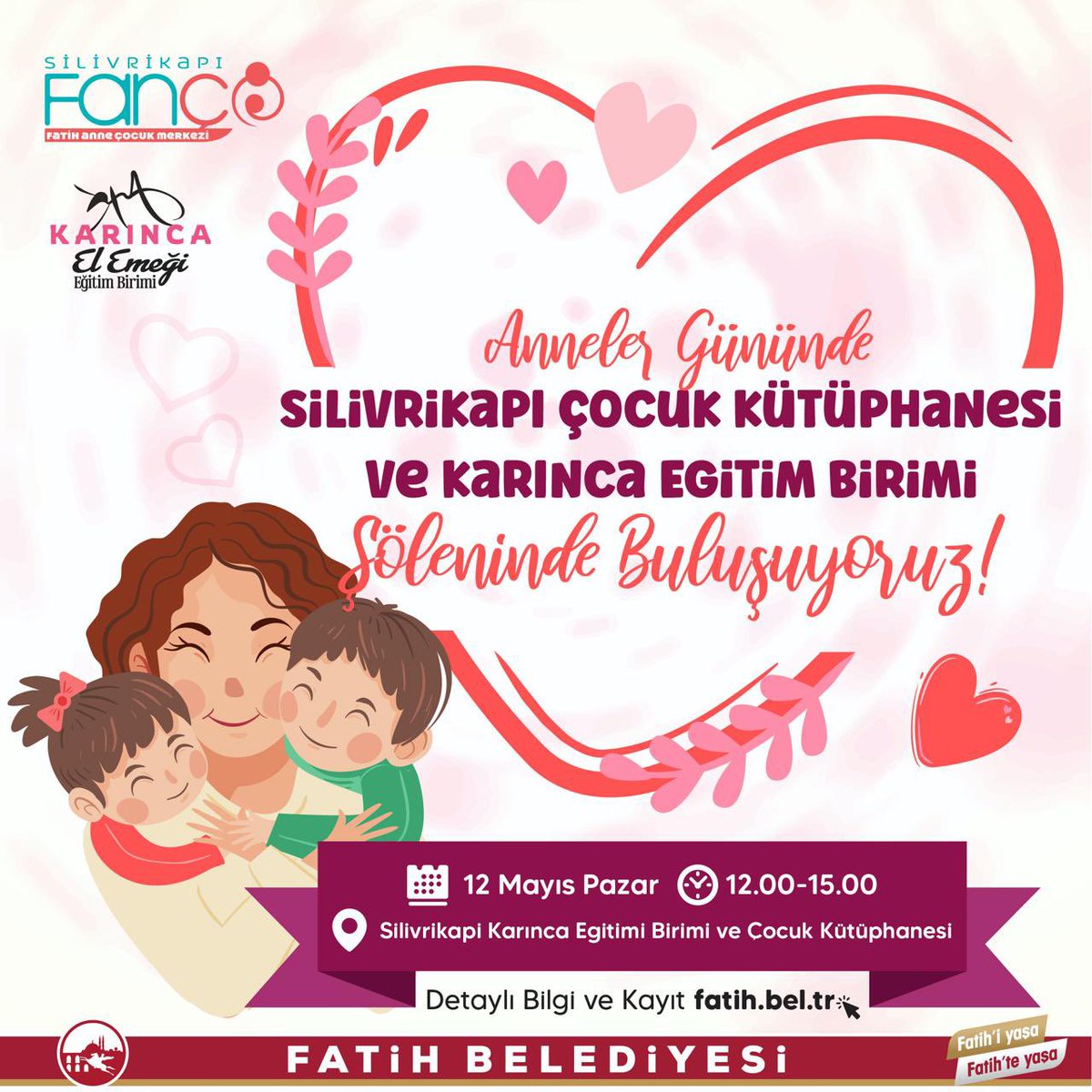 Anneler Günü'nde Silivrikapı Çocuk Kütüphanesi ve Karınca Eğitim Birimi Şöleni'nde buluşuyoruz. Bu anlamlı günde sizi 👉 sizi👈 sizi👆ve sizi de👇 aramızda görmekten mutluluk duyacağız. 👉surici.fatih.bel.tr/etkinlik/karin… 🗓️12 Mayıs Pazar ⏰12.00-15.00 📍Silivrikapı Çocuk Kütüphanesi