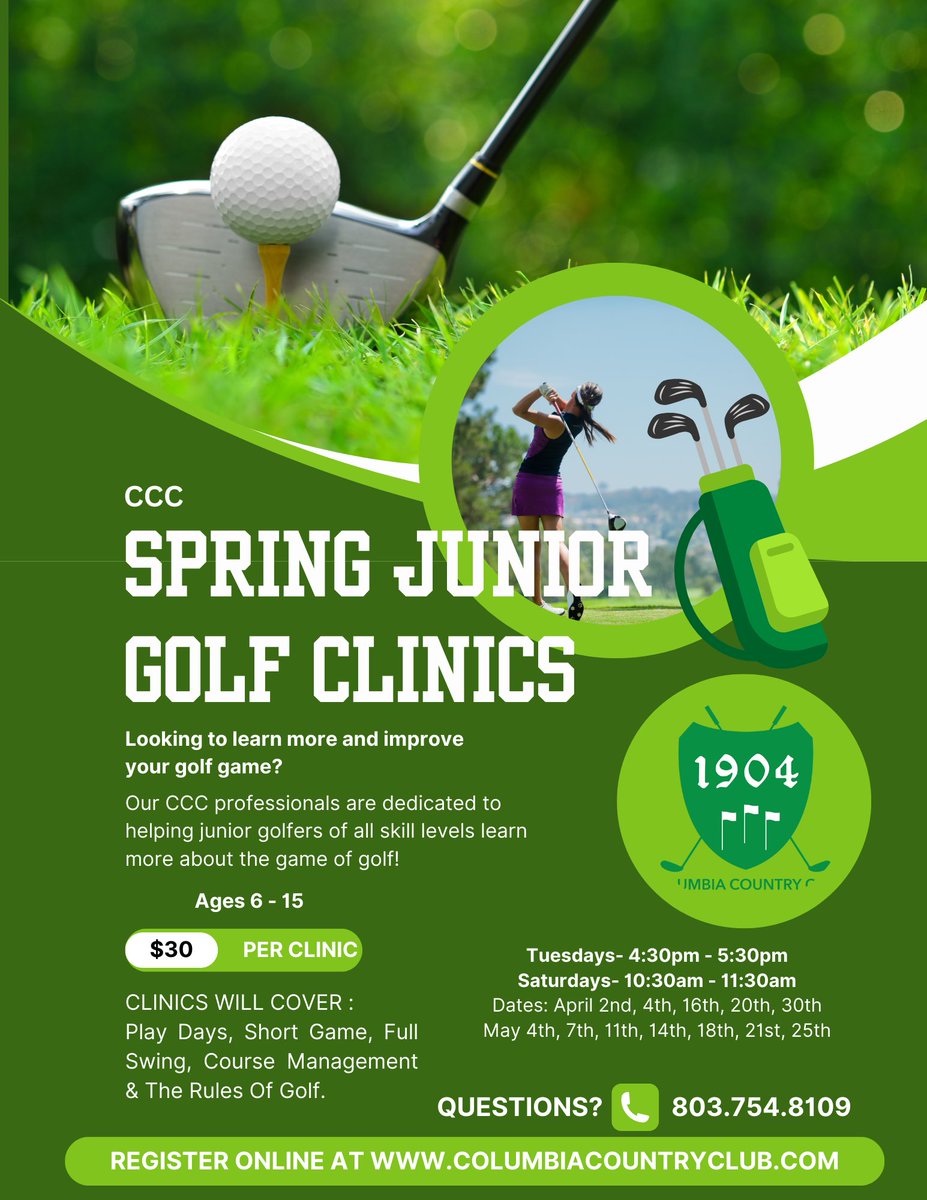 Junior Golf Clinics are offered every Tuesday and Saturday in May (excluding Tuesday the 28th- all club facilities closed)! Please visit Columbiacountryclub.com to sign up your junior golfers!