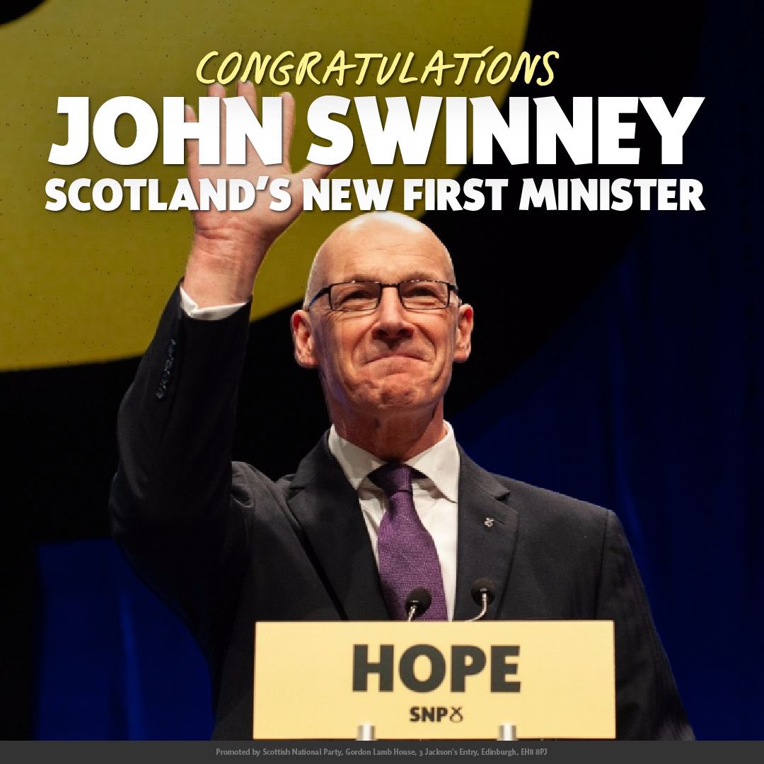 👏 Congratulations to @JohnSwinney who has been elected by the Scottish Parliament as Scotland’s First Minister. 🏴󠁧󠁢󠁳󠁣󠁴󠁿 It’s time to write the next chapter in Scotland’s story and unite for Independence.