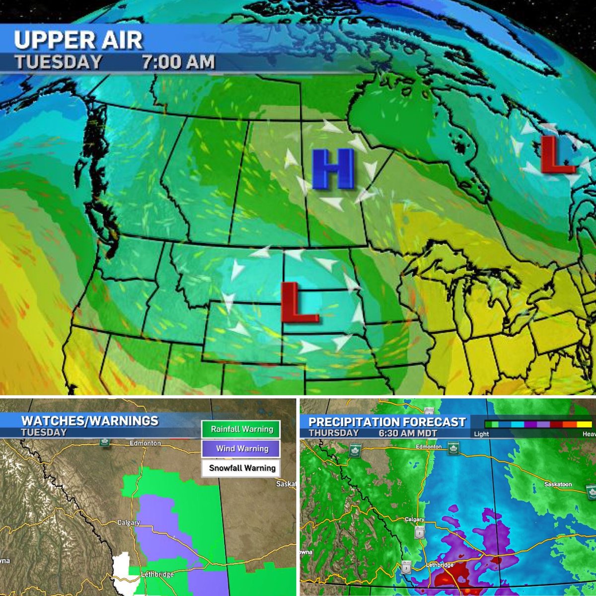 The intense low that is the SW anchor of an Omega Block is the main wx maker in Alberta. As it mixes w/cold air from the N. high, heavy wet snow (10-15 cm) is expected in SW AB, wind gusts (up to 90 km/h) are poss. & rainfall accumulations in SE AB ranging from 50-100 mm.#abstorm