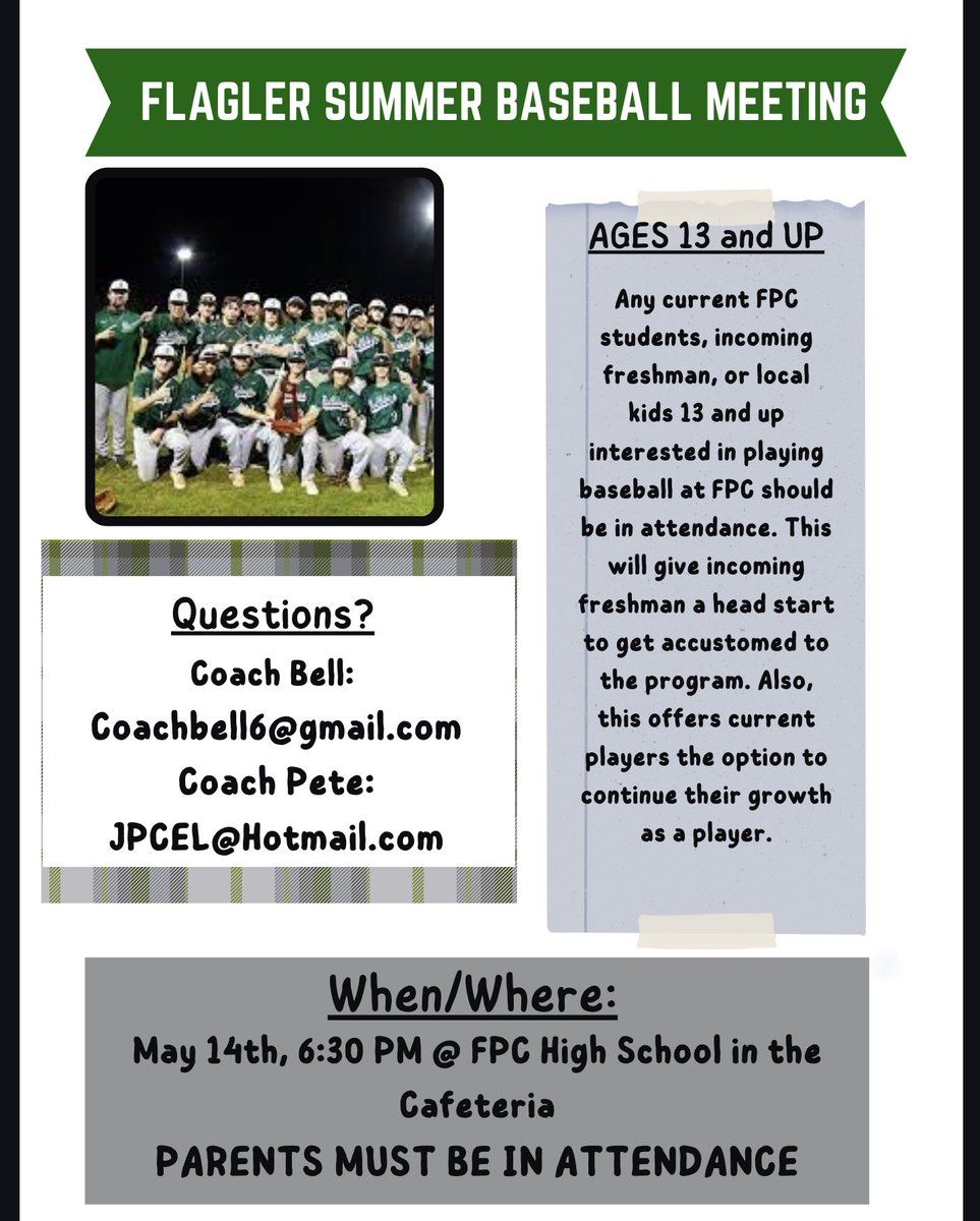Flagler Summer Baseball informational meeting May 14th 6:30pm in the FPC cafeteria. Great opportunity for 13 and over players to prepare for high school baseball.