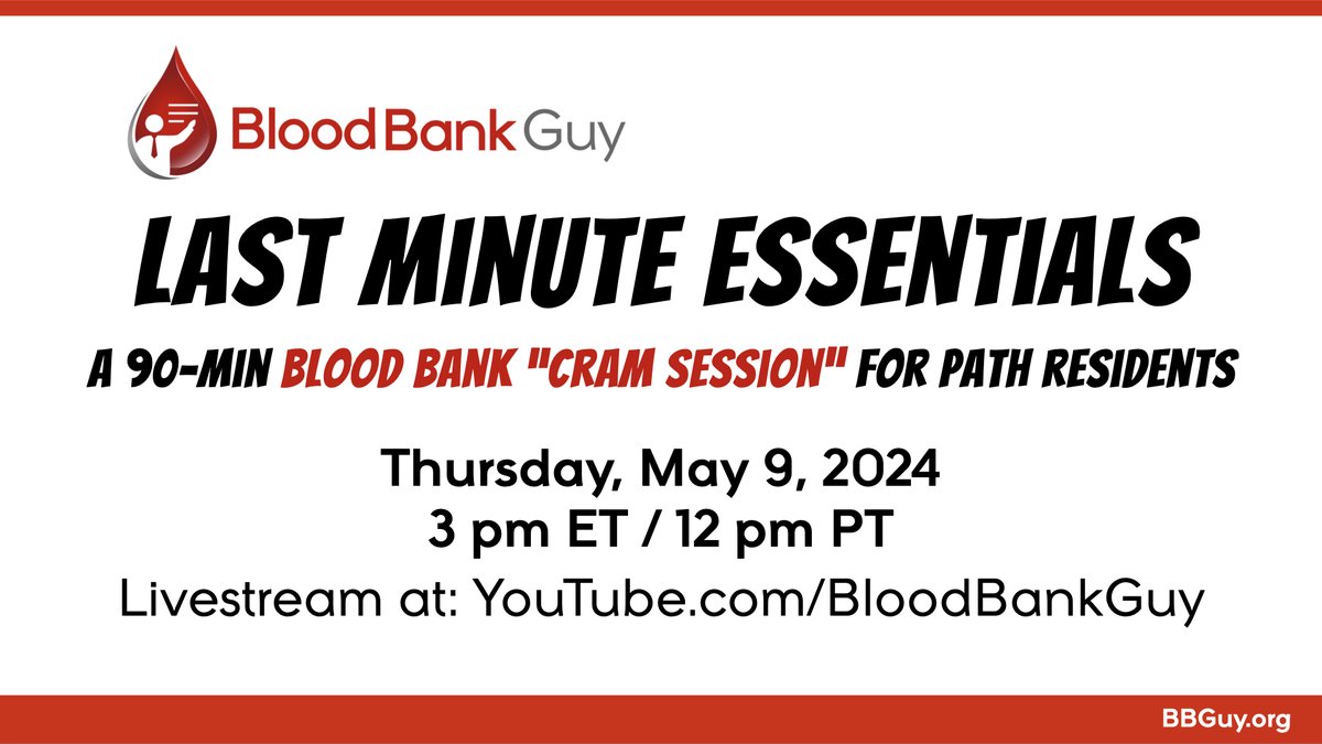 My gift to the #pathologyresident in panic mode for #pathboards is a FREE 90 min 'cram session' full of high-yield blood banking nuggets! Join my YouTube livestream on Thursday 5/9/24 at 3 pm ET here: youtube.com/live/zc8uiuLX8… Mostly for path residents, but all are welcome! 🅰️🅱️🅾️