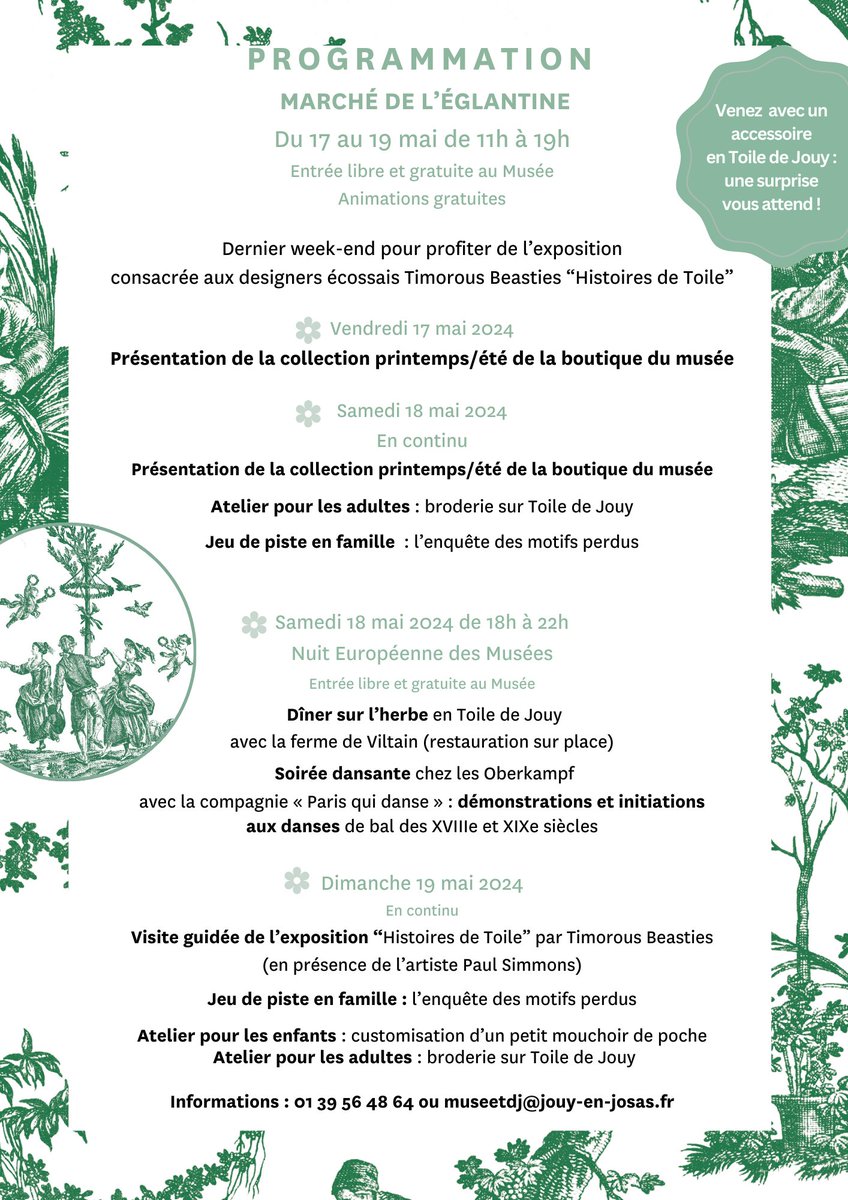 Le Marché de l'Eglantine : 17, 18 et 19 mai de 11h à 19h [22h pour la Nuit Européenne des Musées]▶️ Nombreuses animations gratuites. museedelatoiledejouy.fr