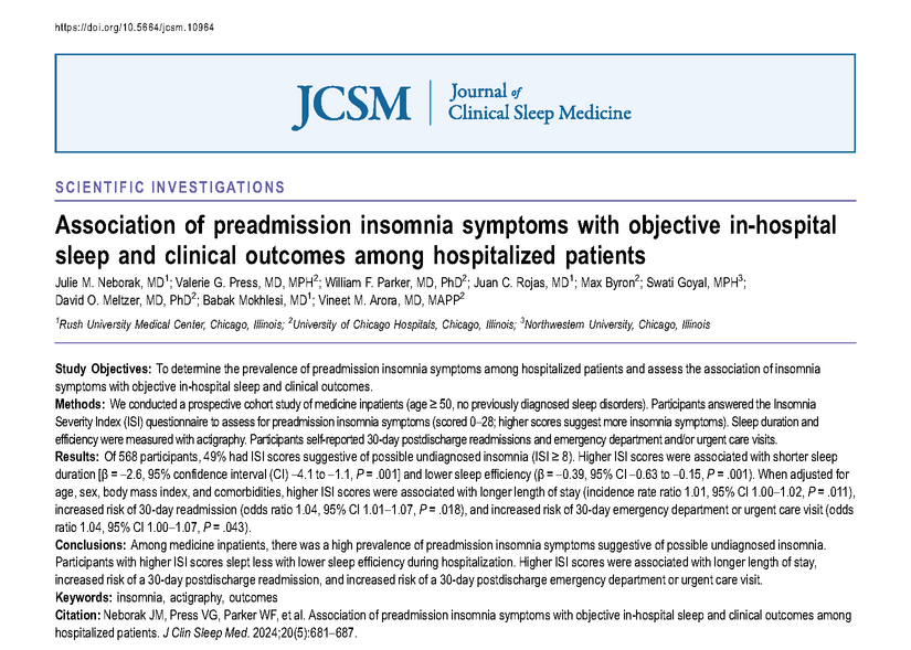 This study aimed to determine the prevalence of preadmission #insomnia symptoms among hospitalized patients and assess the association of insomnia symptoms with objective in-hospital #sleep and clinical outcomes. bit.ly/3y9OQTa #actigraphy #outcomes