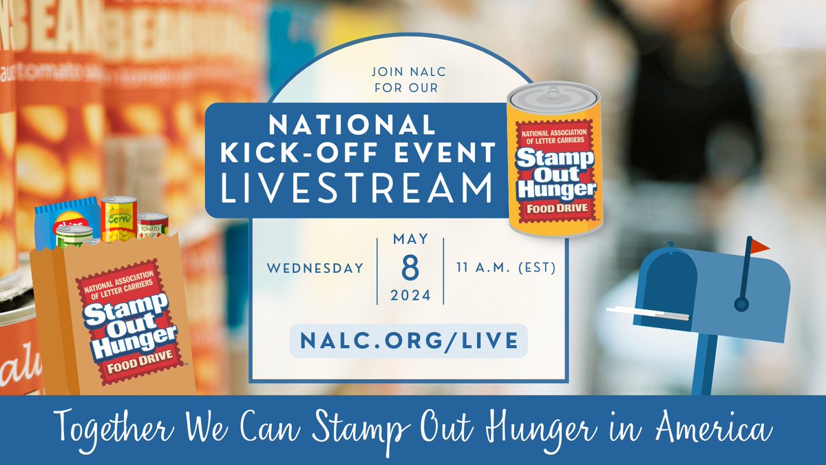 Please join @NALC_National and our partner organizations for the 2024 Stamp Out Hunger National Kick-off via livestream as we celebrate the final countdown to this year's food drive. Together we can #StampOutHunger in America! Tune in at NALC.org/Live tomorrow at 11 AM.