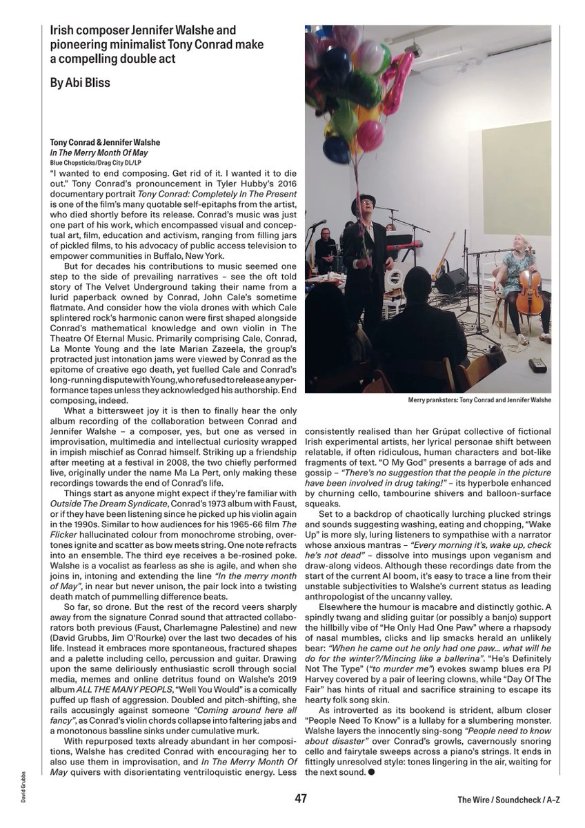 'What a bittersweet joy' -- marvelous full-page review by Abi Bliss in The Wire of the forthcoming Tony Conrad and Jennifer Walshe album 'In the Merry Month of May,' out May 24 on Blue Chopsticks: dragcity.com/products/in-th… @dragcityrecords @JenniferWalshe