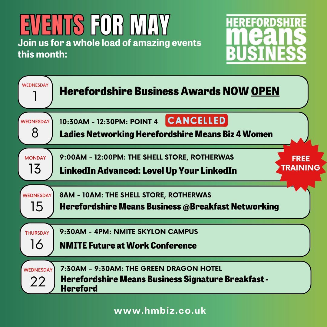 📆 BUSINESS EVENTS IN HEREFORDSHIRE FOR MAY 2024 📆

After the awesomeness that was the Business Expo last week, we have a month of fantastic events for businesses in Herefordshire in May. Remember non-members can attend all our networking breakfast meetings #HMBiz 💚.