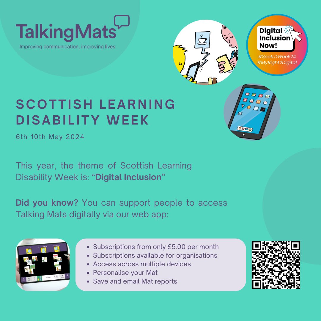 We are proud to support Scottish Learning Disability Week here at #TalkingMats 👍 This year the theme is “Digital Inclusion” #ScotLDWeek24 #MyRight2Digital Did you know you can support people to access our Talking Mats digitally?👉 talkingmats.com/about/what-is-…