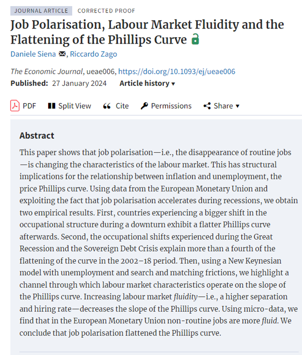 Forthcoming in EJ: ‘Job Polarisation, Labour Market Fluidity and the Flattening of the Phillips Curve’ by Daniele Siena, Riccardo Zago doi.org/10.1093/ej/uea… @DanieleSiena_ @RicZago @RoyalEconSoc @OUPEconomics #EconTwitter