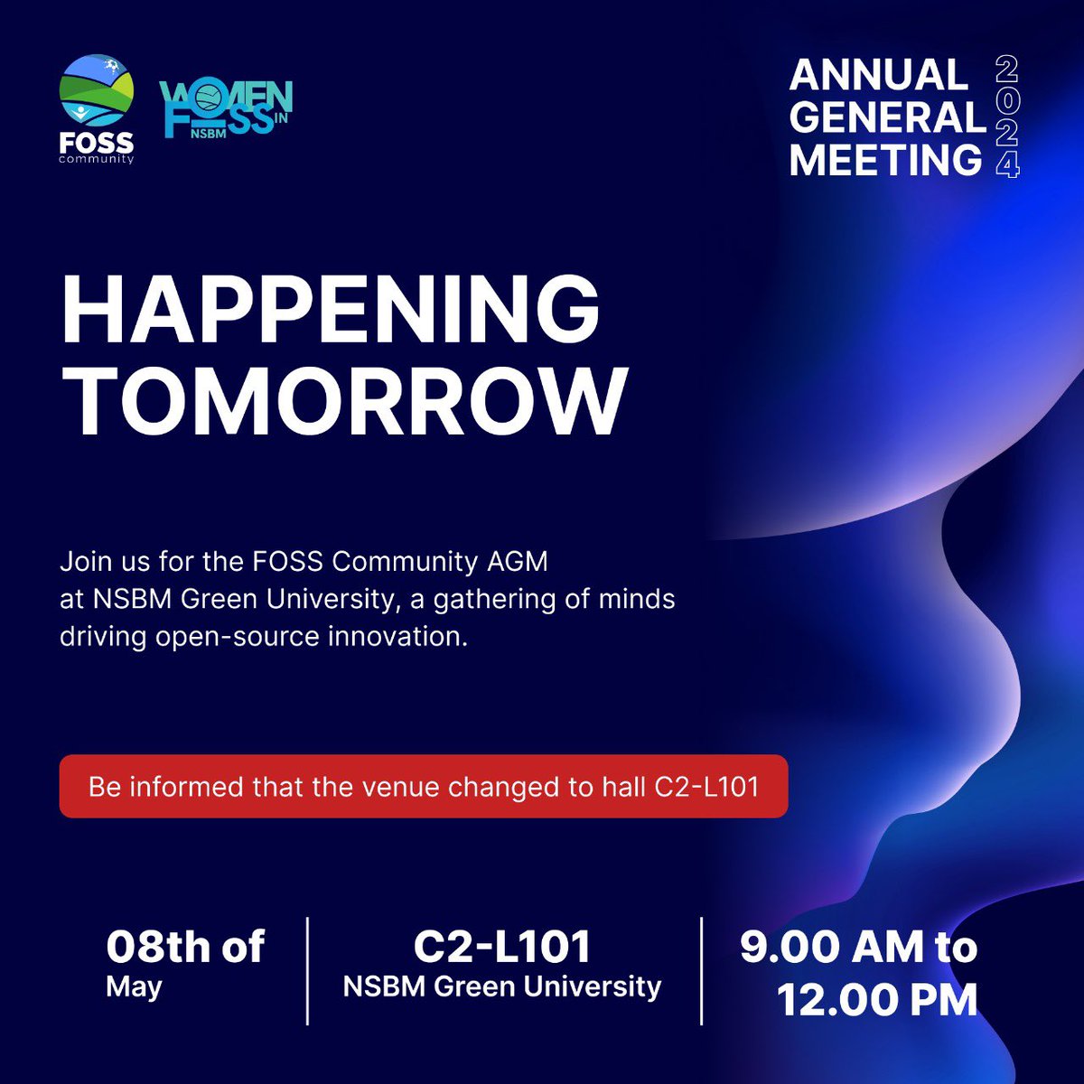 🚨Venue Changed!

Please be informed that the Annual General Meeting of FOSS Community will be held tomorrow in hall C2 - L101.

Take note of the change and see you there tomorrow!