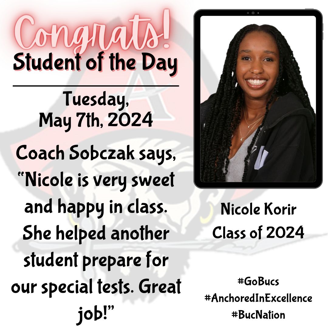 Congratulations to our Student of the Day Nicole Korir! #GoBucs #AnchoredInExcellence #BucNation @cobbschools