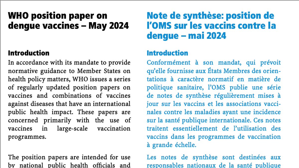 The @WHO has recently updated its position paper on dengue vaccines, as of May 2024 iris.who.int/handle/10665/3…