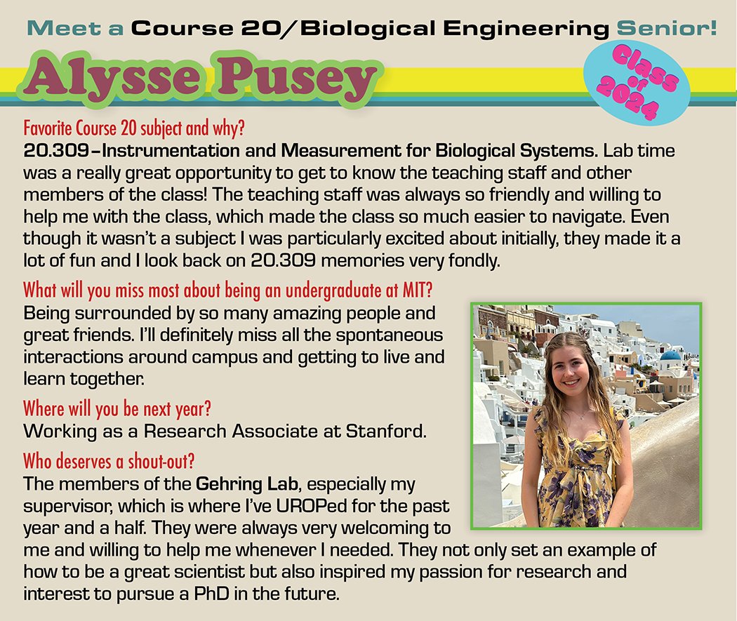 What will you miss most about being an undergraduate at MIT, Alysse? 'Being surrounded by so many amazing people and great friends. I’ll definitely miss all the spontaneous interactions around campus and getting to live and learn together.'